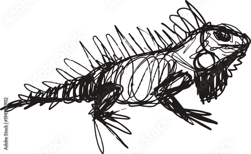 iguana lizard drawing sketch with rough lines, reptile art illustration, animal wildlife concept