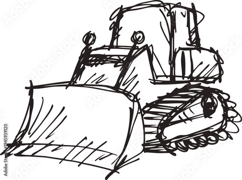 Hand drawn bulldozer sketch with large front blade and crawler tracks, construction machinery illustration