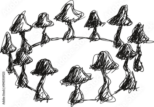 circle of hand drawn mushrooms sketchy black ink line art fungi group ring with varying sizes and organic shapes