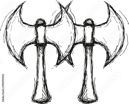 double headed battle axes sketch hand drawn medieval weapon illustration in black and white