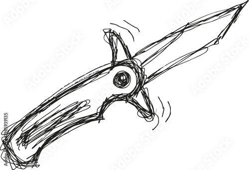 Sketch of a folding pocket knife with an open blade, hand drawn black ink illustration