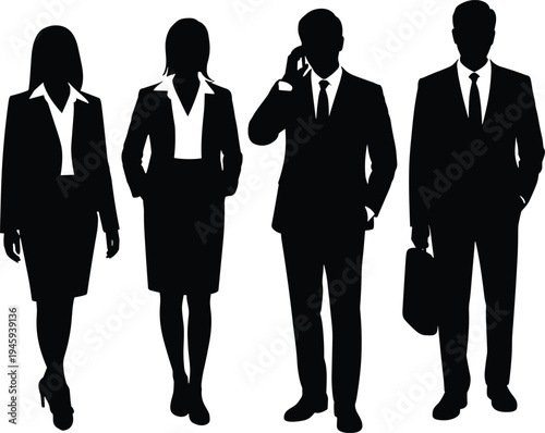 Professional business silhouettes of diverse corporate men and women in formal attire, teamwork concept, office communication, leadership, career success, modern workplace illustration