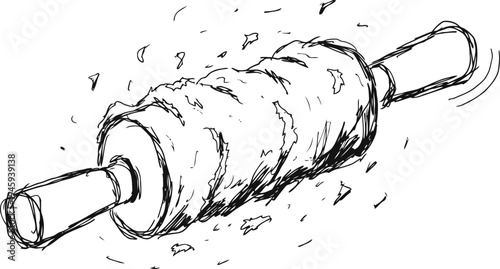 Rotating meat skewer on spit with falling slices, traditional vertical grilling cooking