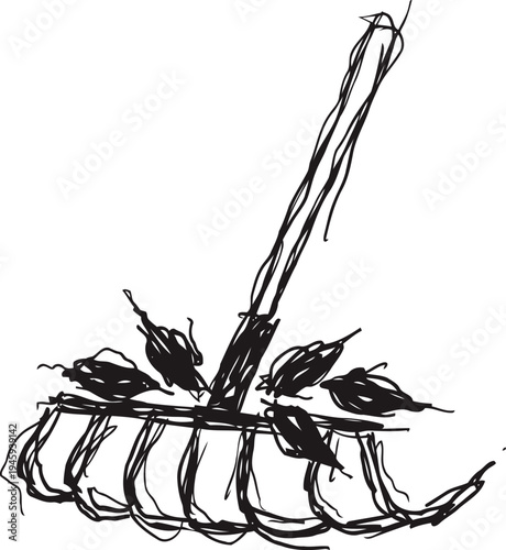 hand drawn garden rake with leaves black ink sketch of tool for outdoor yard work and cleaning