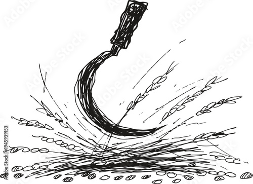 Vintage sickle harvesting grain with scattered seeds hand drawn farming and agriculture tool illustration