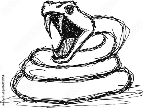 Coiled snake with open mouth and fangs bared in aggressive posture, sketch drawing