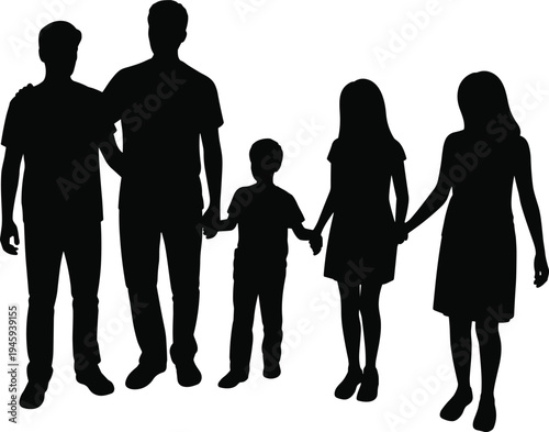 Silhouettes of family holding hands, parents and children together, unity, support, love, diversity, generational bond, family connection, social illustration for community themes