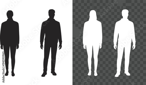 Silhouettes of diverse adults and children in various poses, walking, standing, holding hands, lifestyle diversity, posture study, social illustration, community interaction concept