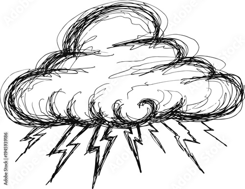 Storm cloud with lightning bolts sketch hand drawn thunderstorm illustration with electric flashes