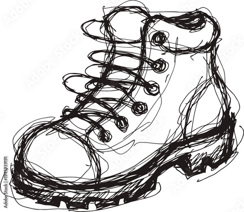 Rough sketch of hiking boot with thick sole and laces drawn in black ink lines