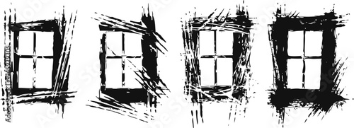 Four grunge window frames with abstract brush stroke borders, isolated on white background