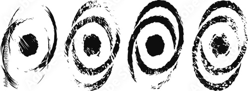 black ink spiral circles with grunge texture hand drawn round brush stroke shapes isolated on white background