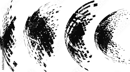 Abstract black digital pixel spherical shapes with dynamic fragmented motion effect on white background
