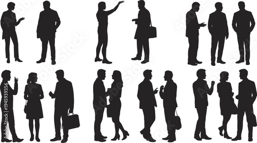Twelve business silhouettes of professional men and women in conversational poses, teamwork, communication, leadership, collaboration, office diversity, modern workplace illustration