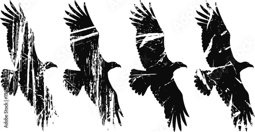 black raven silhouettes flying in sequence with distressed grunge texture on white background