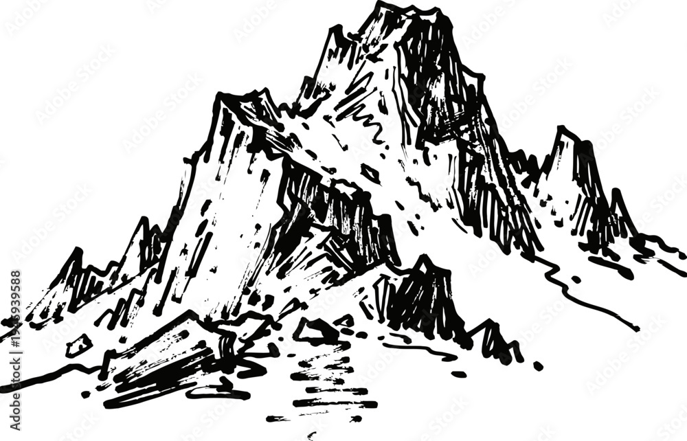 Obraz premium mountain landscape sketch rugged rocky peaks with rough terrain and scattered boulders natural wilderness scenery