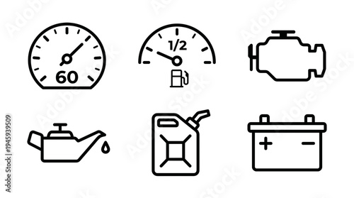 Automotive dashboard and maintenance icons set including speedometer, fuel gauge, engine, oil, battery and fuel can.