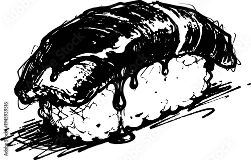 Hand drawn sushi nigiri with sauce dripping, traditional japanese seafood dish illustration