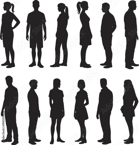 Twelve diverse silhouettes of men and women standing in various poses, posture study, identity, diversity, fashion variation, design element, social illustration concept