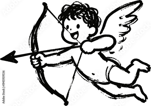 Cupid angel with bow and arrow valentine's day romantic love character, flying winged cherub drawing