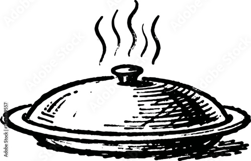 Steaming covered dish vintage sketch hot meal served under lid with rising steam lines