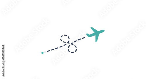 Teal airplane in flight trajectory path.