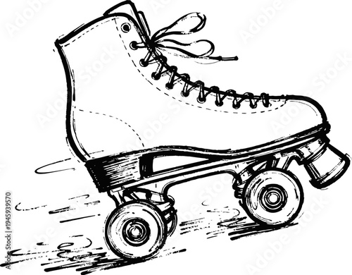Vintage roller skate sketch, classic quad wheels, laces and boot side view drawing