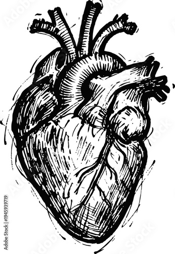 Anatomical human heart illustration in vintage engraving with detailed veins and arteries
