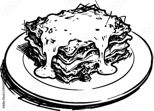 Delicious slice of lasagna with melted cheese on a plate, classic italian pasta dish illustration