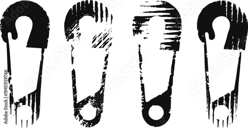 grunge safety pins in various distressed styles isolated on white background