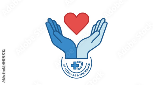 Heart protection and healthcare insurance concept with hands holding heart symbol and medical shield badge.