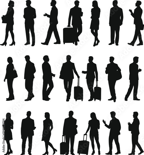 Twenty business silhouettes of professionals with suitcases and briefcases, corporate travel, commuting, workplace diversity, office attire, teamwork, leadership, mobility illustration