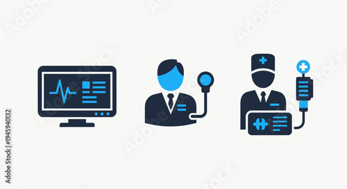 Healthcare monitoring, doctor consultations, and medical device system icons