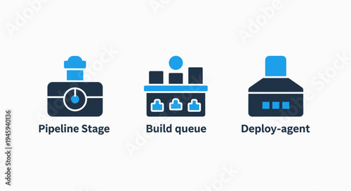 Software development pipeline stage, build queue, and deploy agent icons for devops