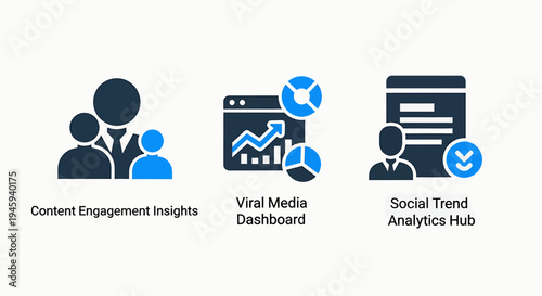 Content engagement insights, viral media dashboard, and social trend analytics hub icons