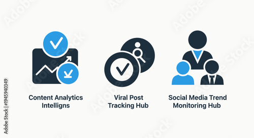 Social media analytics and trend monitoring icons: content performance, viral post tracking, and digital intelligence