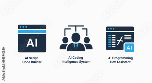 Artificial intelligence icons for script code building, coding intelligence systems, and programming assistants
