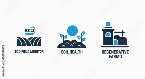 Sustainable agriculture icons: eco field monitoring, soil health, and regenerative farming concepts