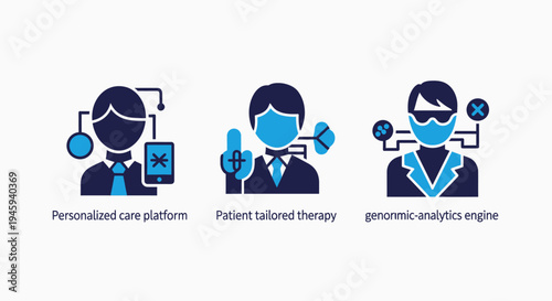 Personalized medicine and genomic analytics icons: tailored patient care and therapy platforms