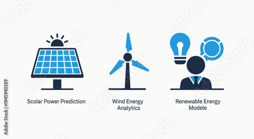 Renewable energy technology icons: solar power prediction, wind energy analytics, and sustainable models