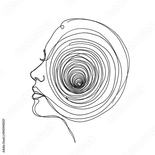Human mind concept abstract spiral inside head line art psychological vector illustration.