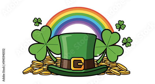 A vibrant illustration celebrating Saint Patrick's Day with a green leprechaun hat, shamrocks, a rainbow, and a pot of gold coins.