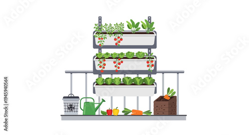 Vertical Farm with Plants and Gardening Tools.