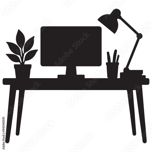 Minimalist silhouette of a modern desk with computer and plant, representing a clean workspace.