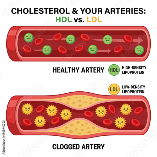Cholesterol infographic showing HDL and LDL impact on arteries with comparison of healthy and clogged artery.
