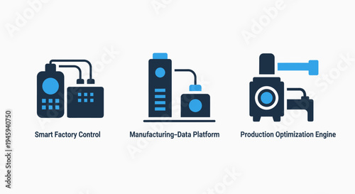 Smart factory and manufacturing optimization icons: industrial control, data platform, and production engine for automation