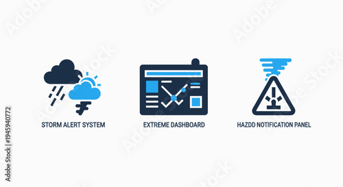 Hazard and weather alert system icons: storm warnings, extreme dashboard, and emergency notification panel for safety