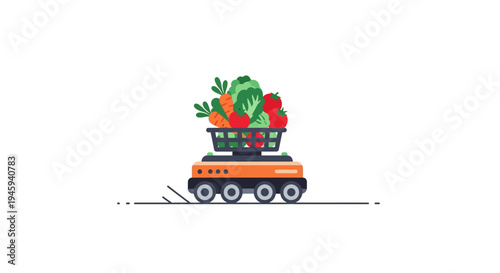 Toy train with shopping basket vegetables.
