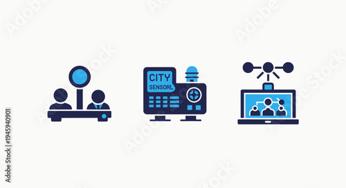 Smart city technology icons for urban monitoring, city sensors, and community analytics solutions