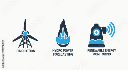 Renewable energy icons for wind, hydro power forecasting, and green energy monitoring solutions